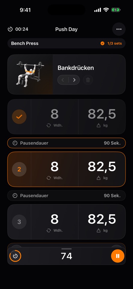 Satzeingabe im laufenden Workout in der Shiba App