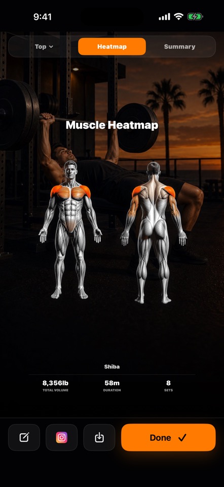 Muscle heatmap screen showing trained areas