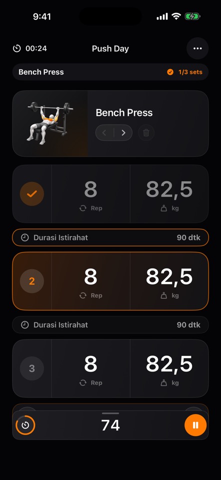 Layar input set saat latihan di aplikasi Shiba