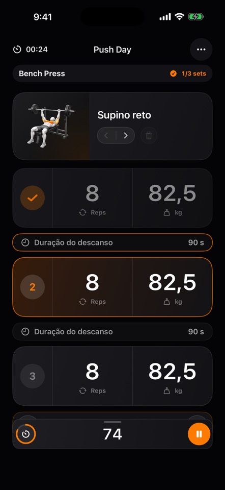 Tela de registro de séries durante o treino no Shiba