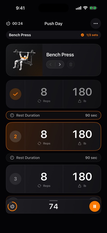 Shiba set logging screen with a rest timer